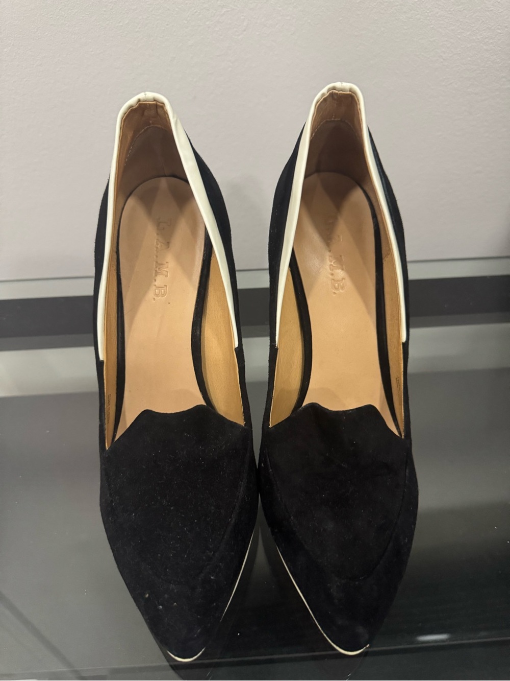 L.A.M.B. Dice Black Pointed-Toe Heels